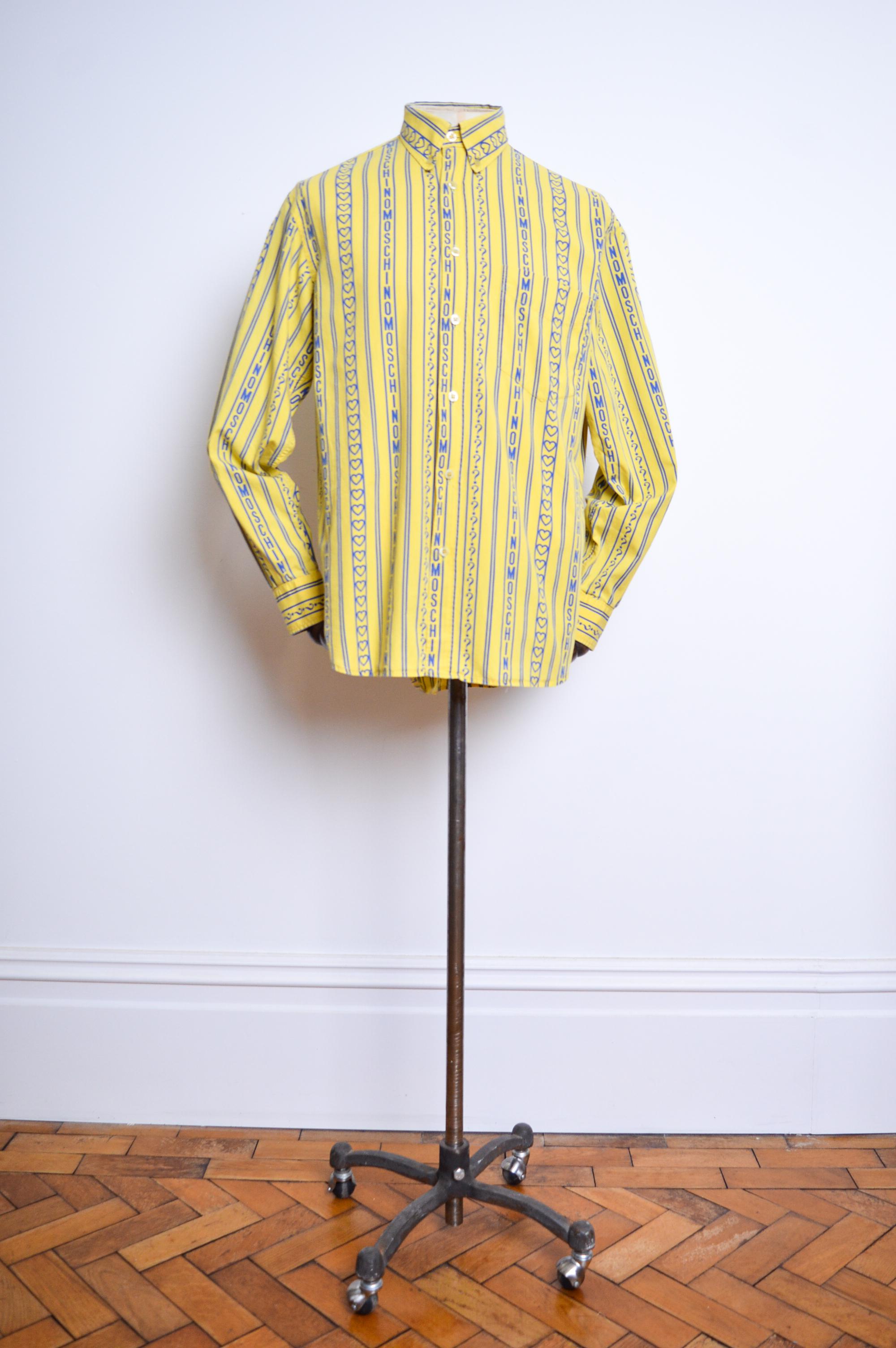 90's Moschino Vintage Yellow & Blue repeat Logo print long sleeve Shirt For Sale 3