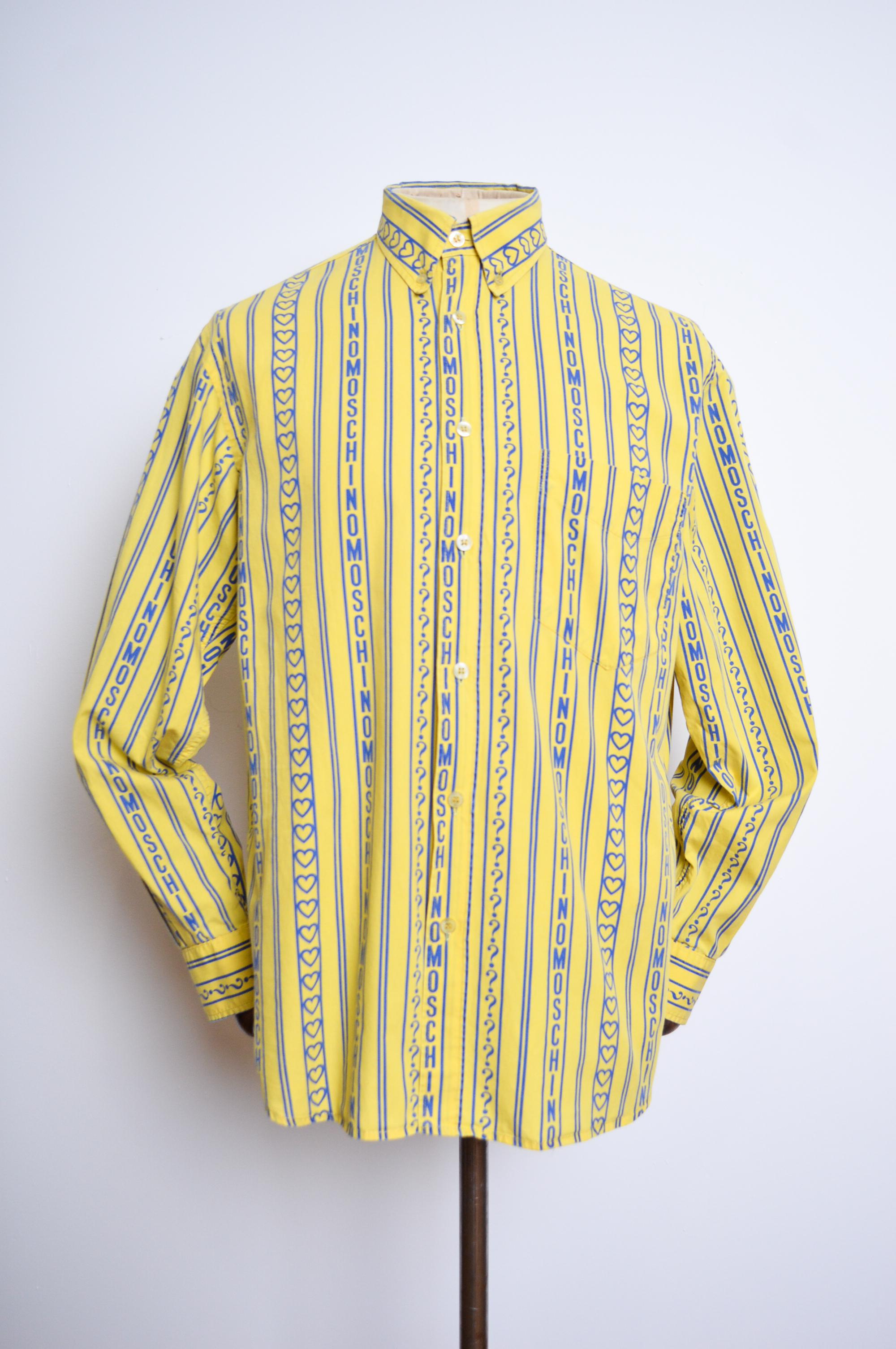 90's Moschino Vintage Yellow & Blue repeat Logo print long sleeve Shirt For Sale 4