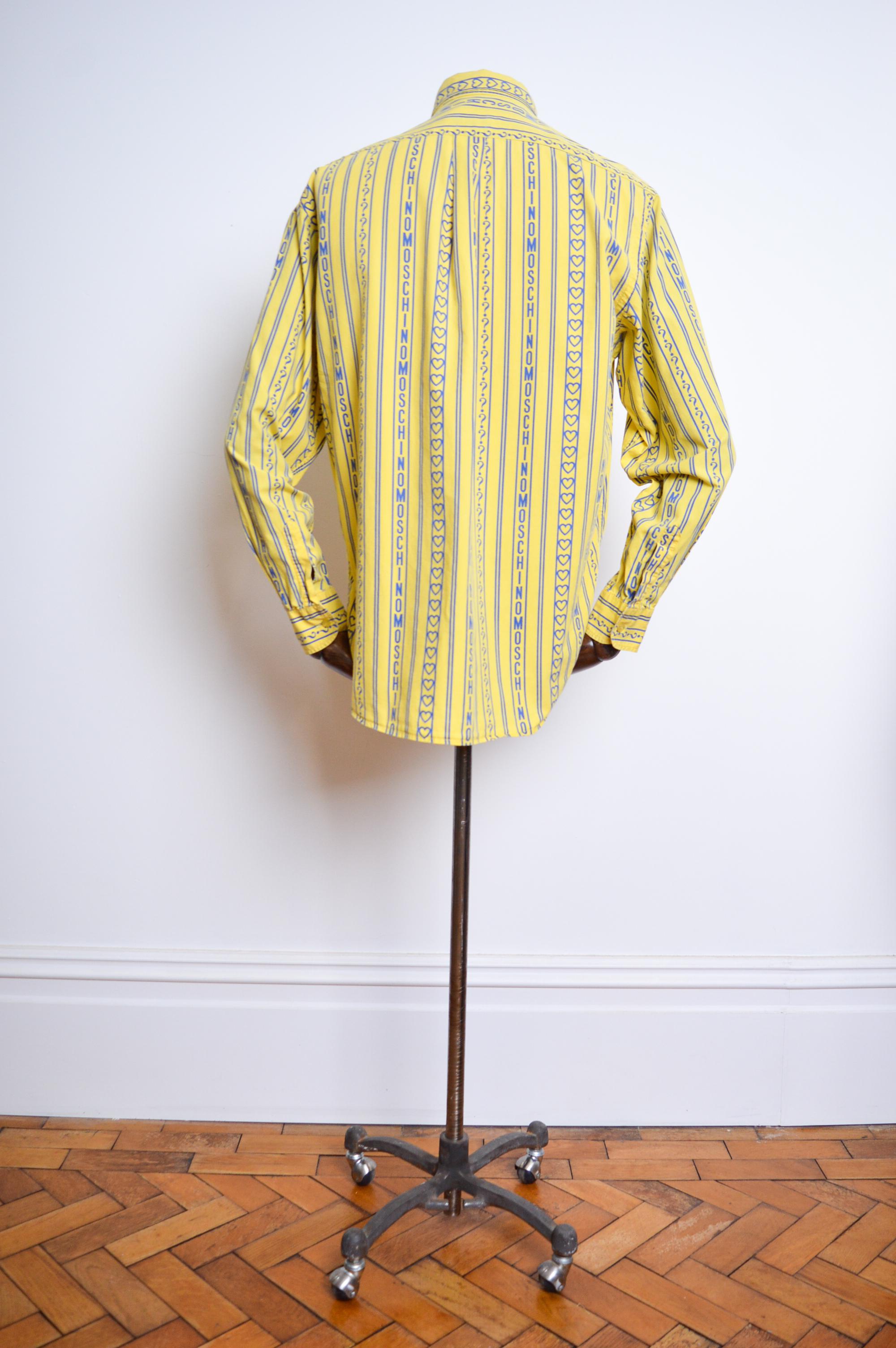 90's Moschino Vintage Yellow & Blue repeat Logo print long sleeve Shirt For Sale 5