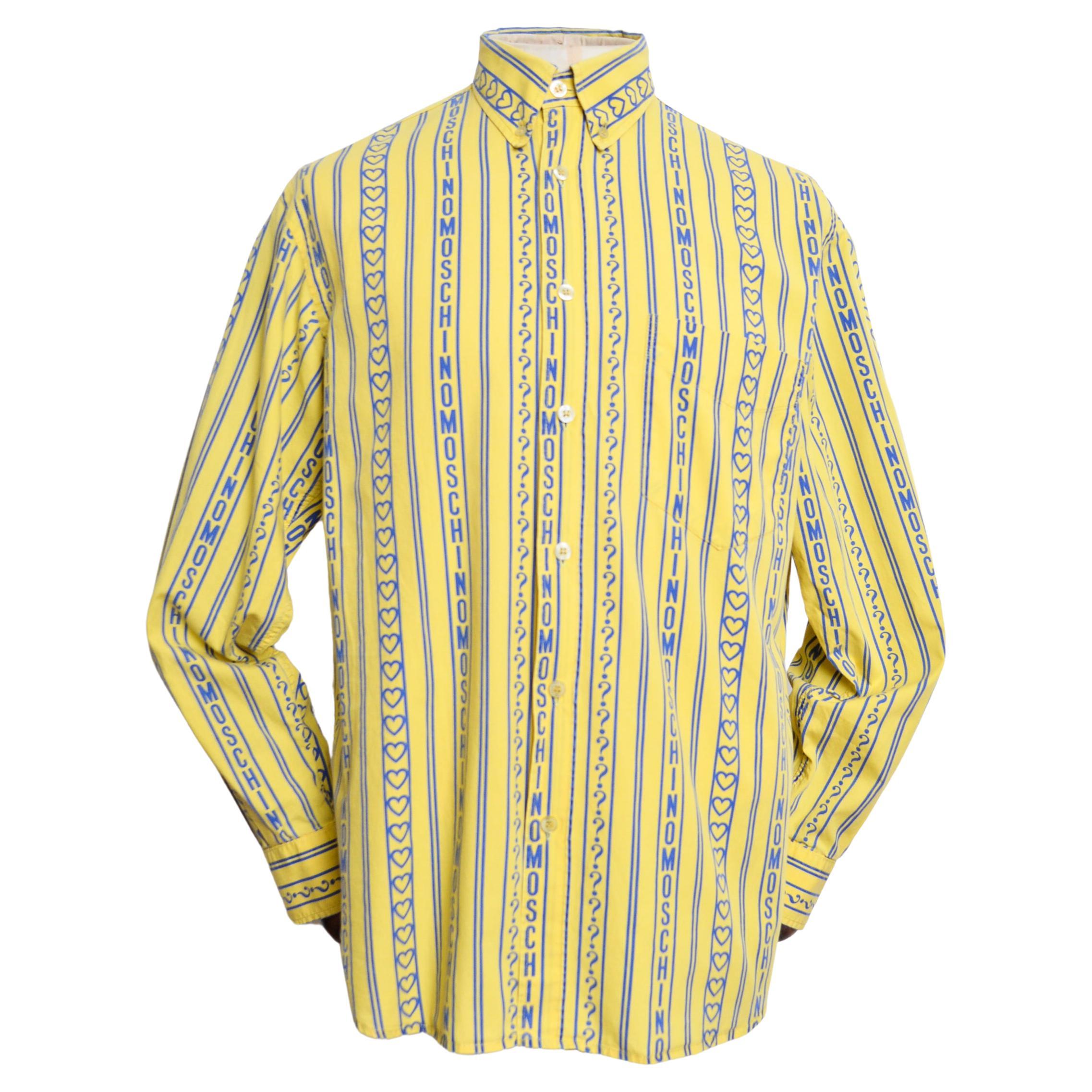 90's Moschino Vintage Yellow & Blue repeat Logo print long sleeve Shirt For Sale