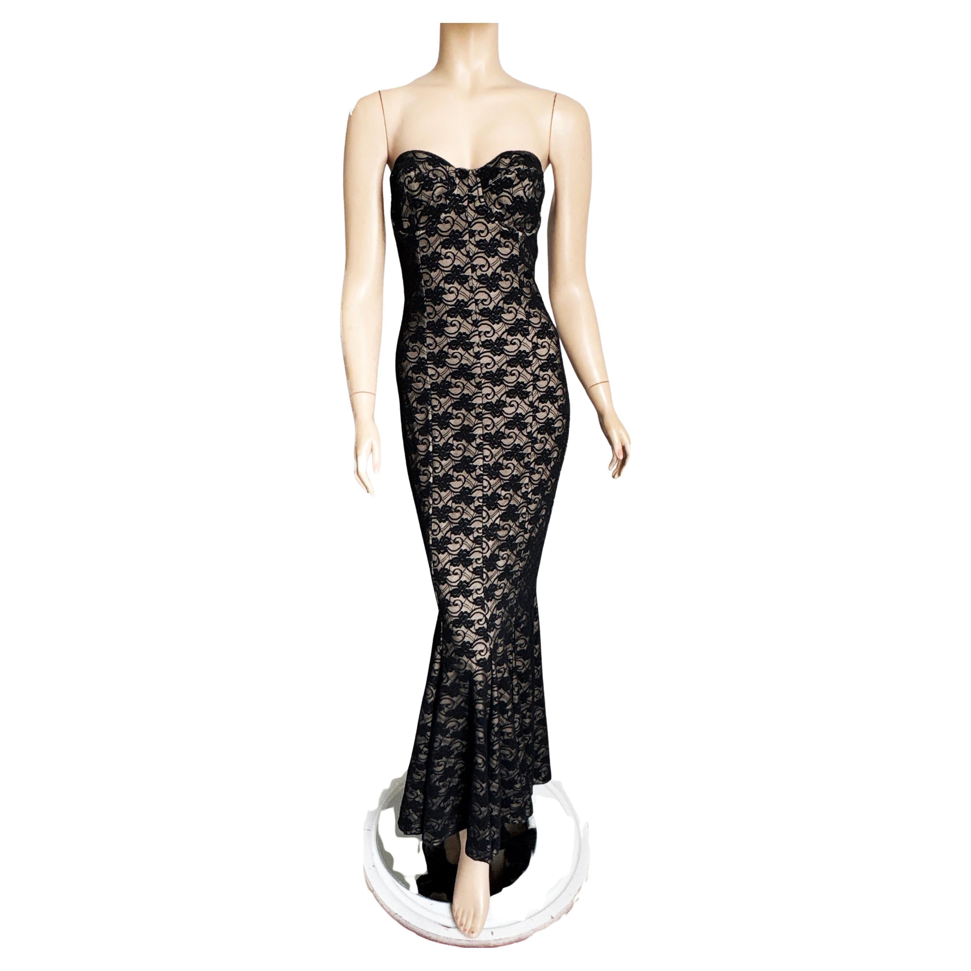 90s OMO Norma Kamali Abito da sera in pizzo nero con orlo a coda di pesce Vintage Formale Sexy M. I.