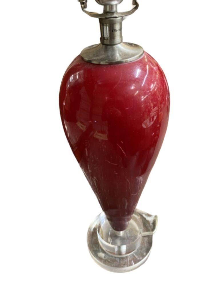 Late 20th Century 90s Pair of Red Ceramic Tear Drop Shaped Table Lamp w/ Acrylic Base For Sale