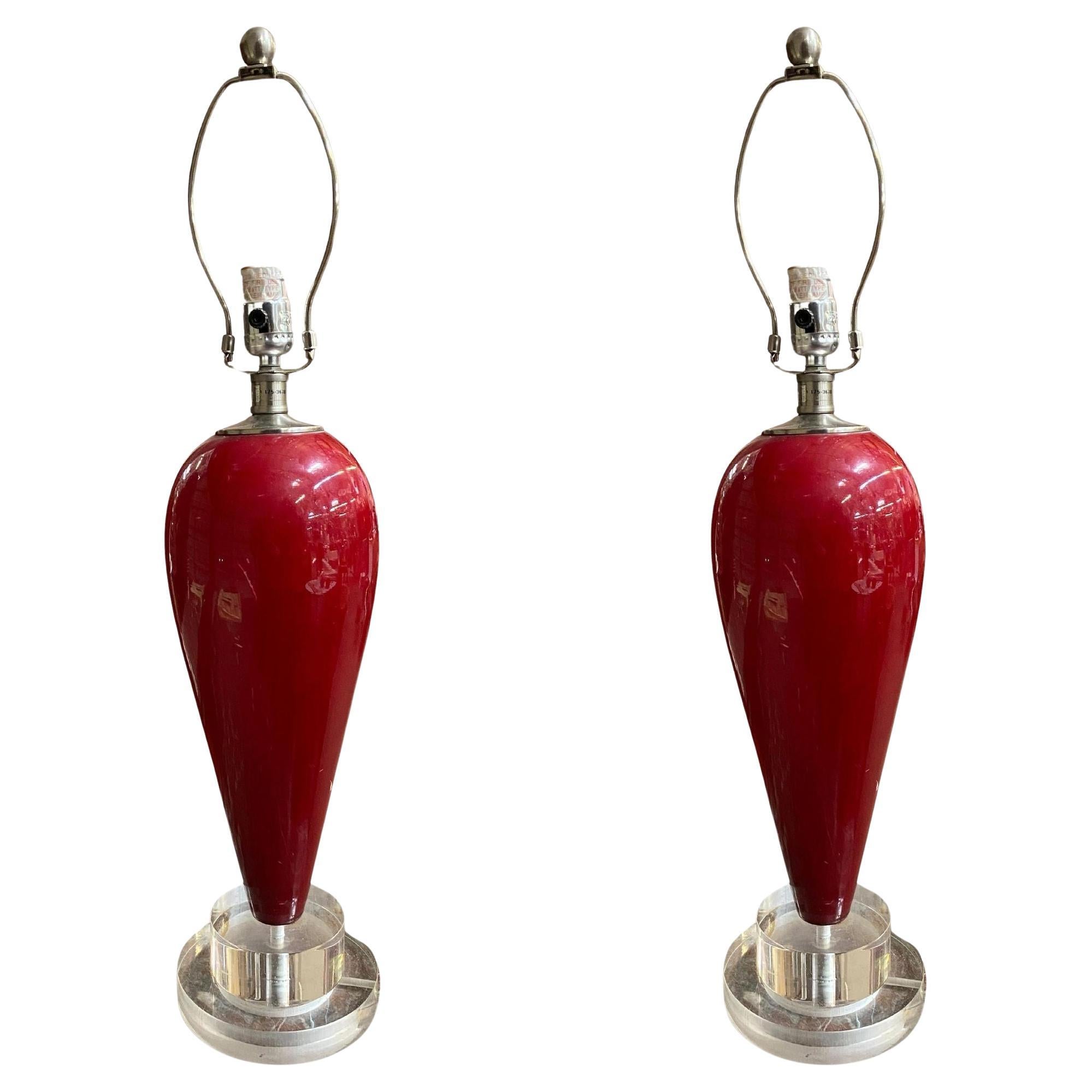 90s Pair of Red Ceramic Tear Drop Shaped Table Lamp w/ Acrylic Base