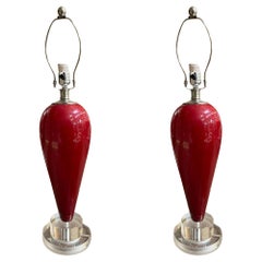 90s Pair of Red Ceramic Tear Drop Shaped Table Lamp w/ Acrylic Base