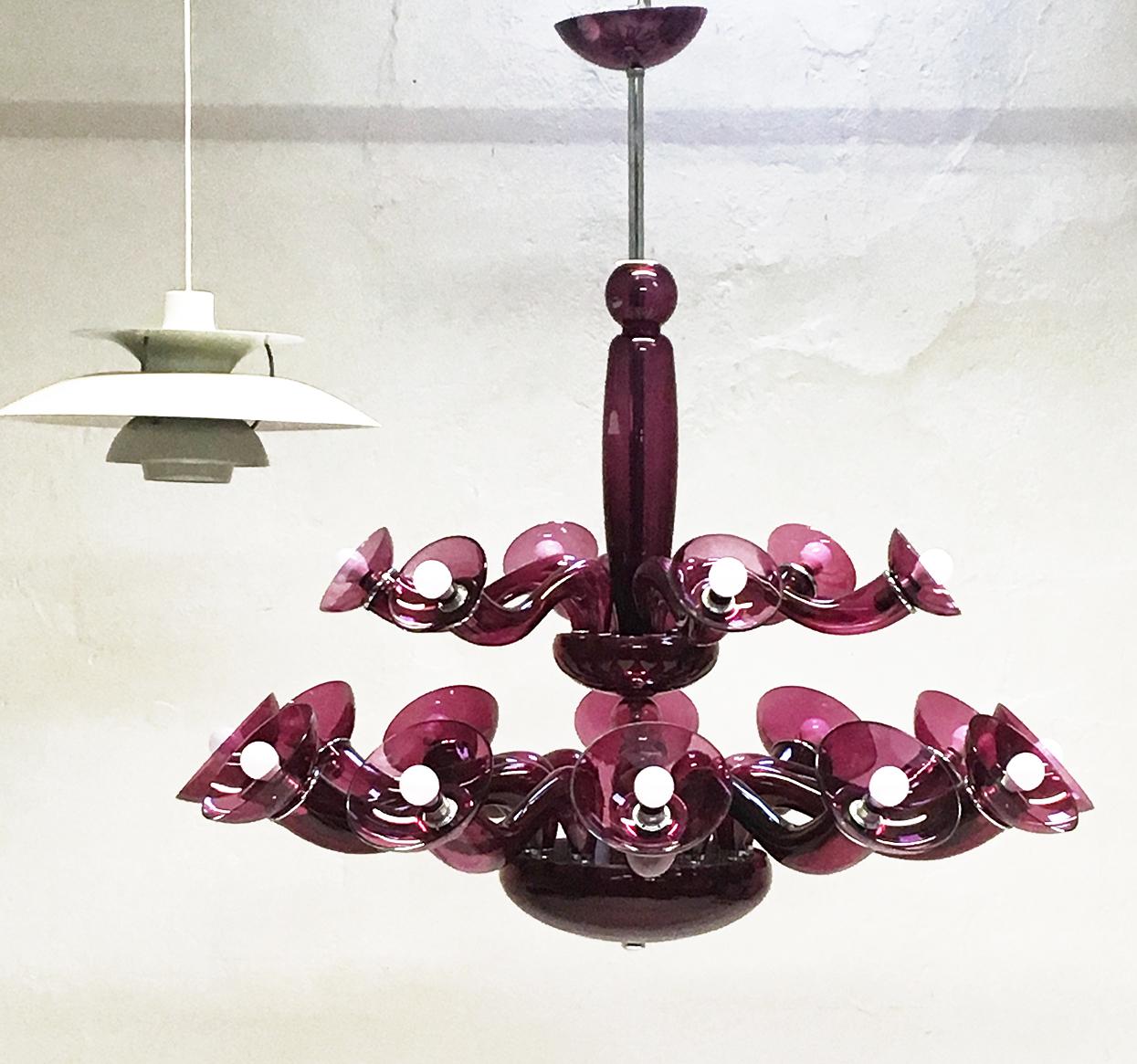 90s Postmodern VeArt Cranberry Glass Chandelier by Orni Halloween Artemide Italy 2