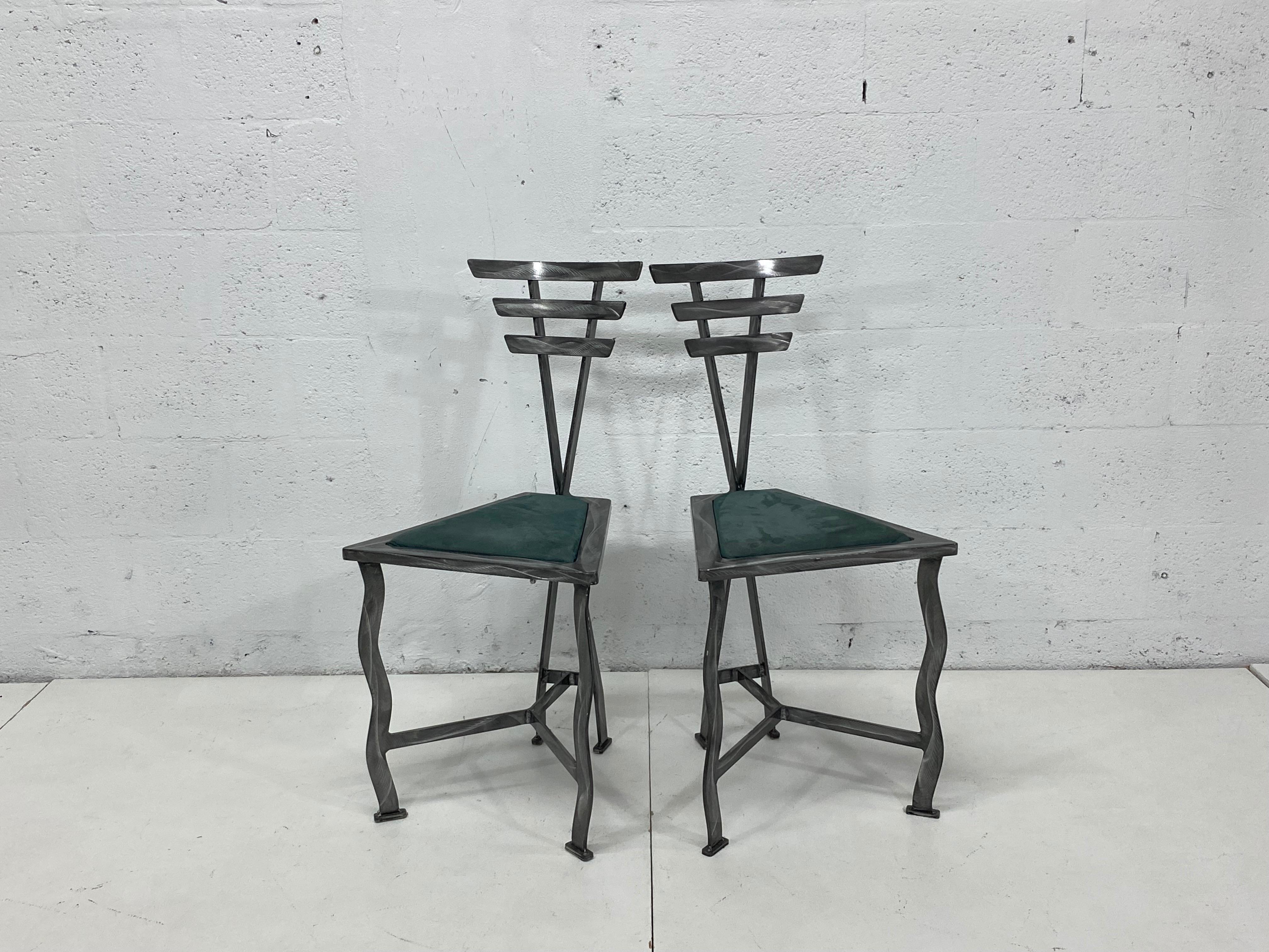 Late 20th Century 90s Postmodern Contemporary Welded Steel Studio Side Chairs, a Pair