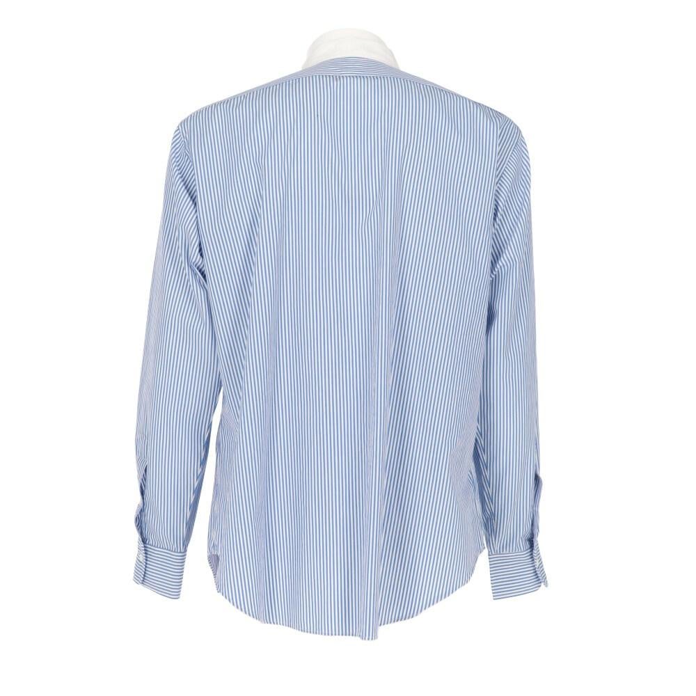 Ralph Lauren white and blue striped cotton shirt. White rounded collar, front button closure, long sleeves and buttoned cuffs.

Size: L

Flat measurements
Height: 80 cm
Chest: 60 cm
Shoulders: 49 cm
Sleeve: 64 cm

Product code: X1091

Composition: