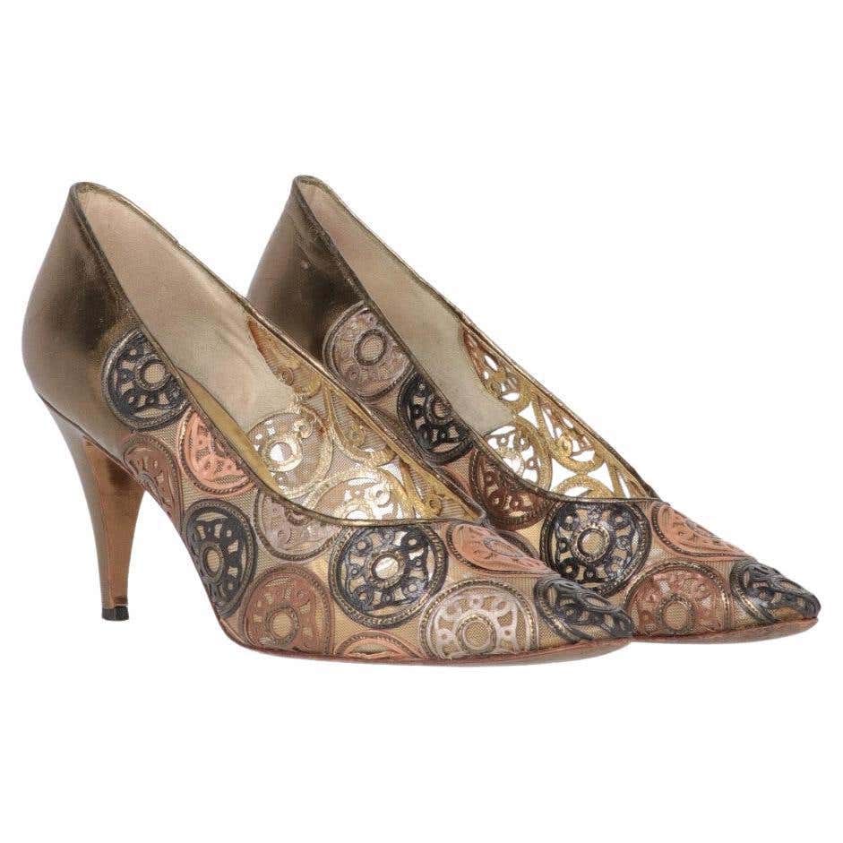 90s René Caovilla Vintage golden leather and mesh décolleté For Sale at ...