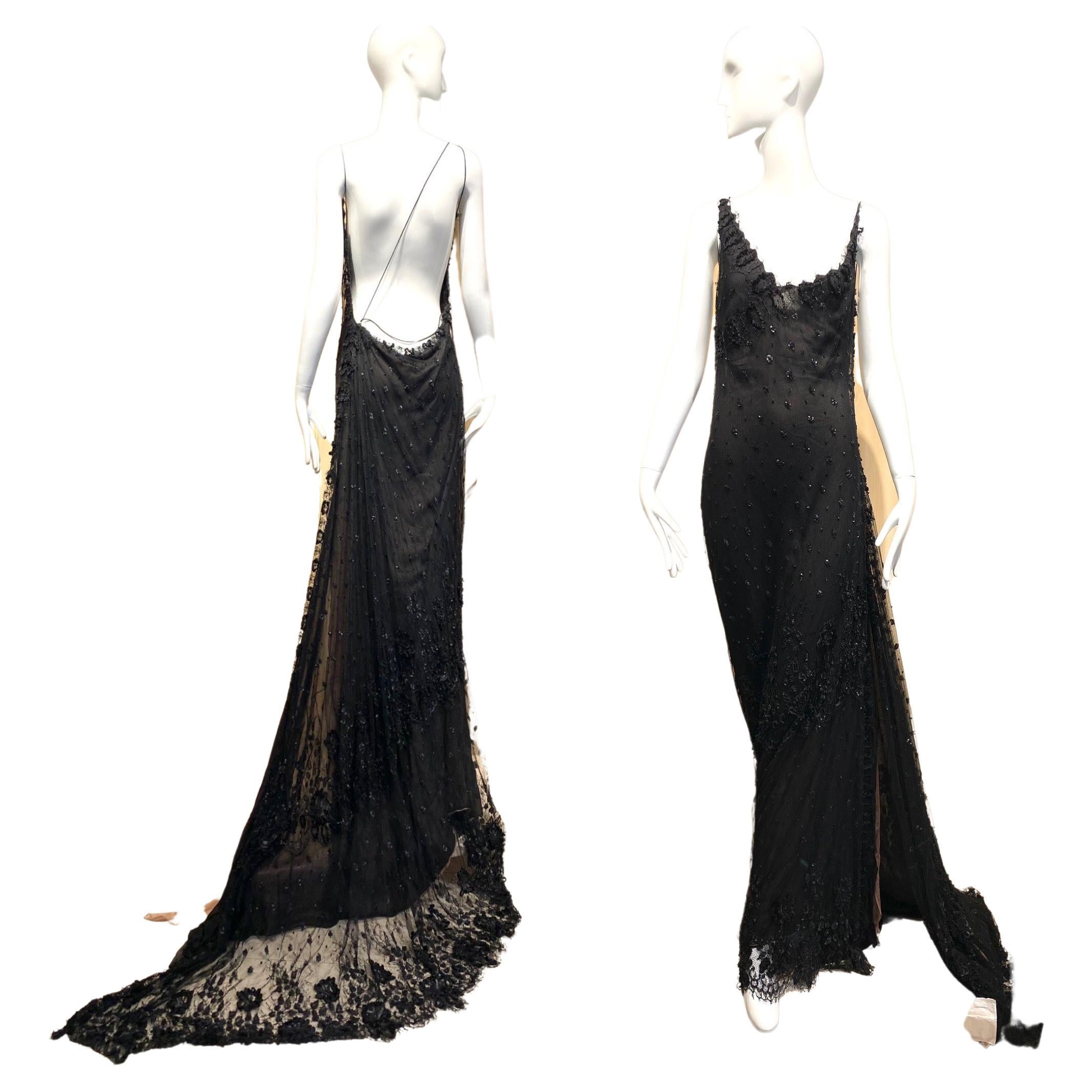 90s Richard Tyler Couture Black Lace V Neck Gown