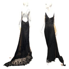 90s Richard Tyler Couture Black Lace V Neck Gown 