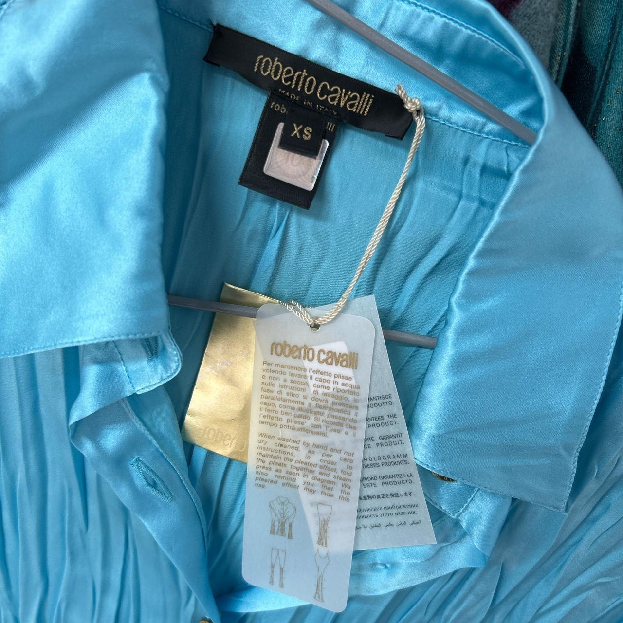 90s Roberto Cavalli Silk Aqua Blue Shirt For Sale 1