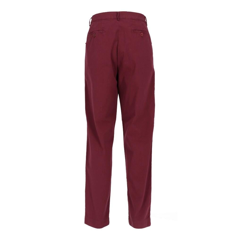Romeo Gigli burgundy cotton trousers. Front button fastening, belt loops and four welt pockets.

Size: 46 IT

Flat measurements
Height: 107 cm
Waist: 38 cm
Inseam: 80 cm

Product code: X1054

Notes: The item has been dyed.

Composition: 100%