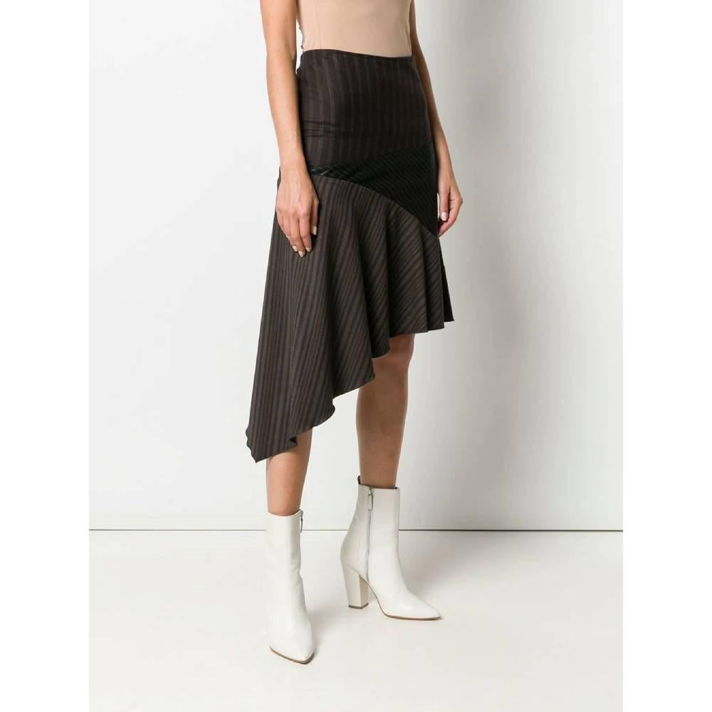 Black 90s Romeo Gigli patchwork pinstriped brown and black wool asymmetric skirt