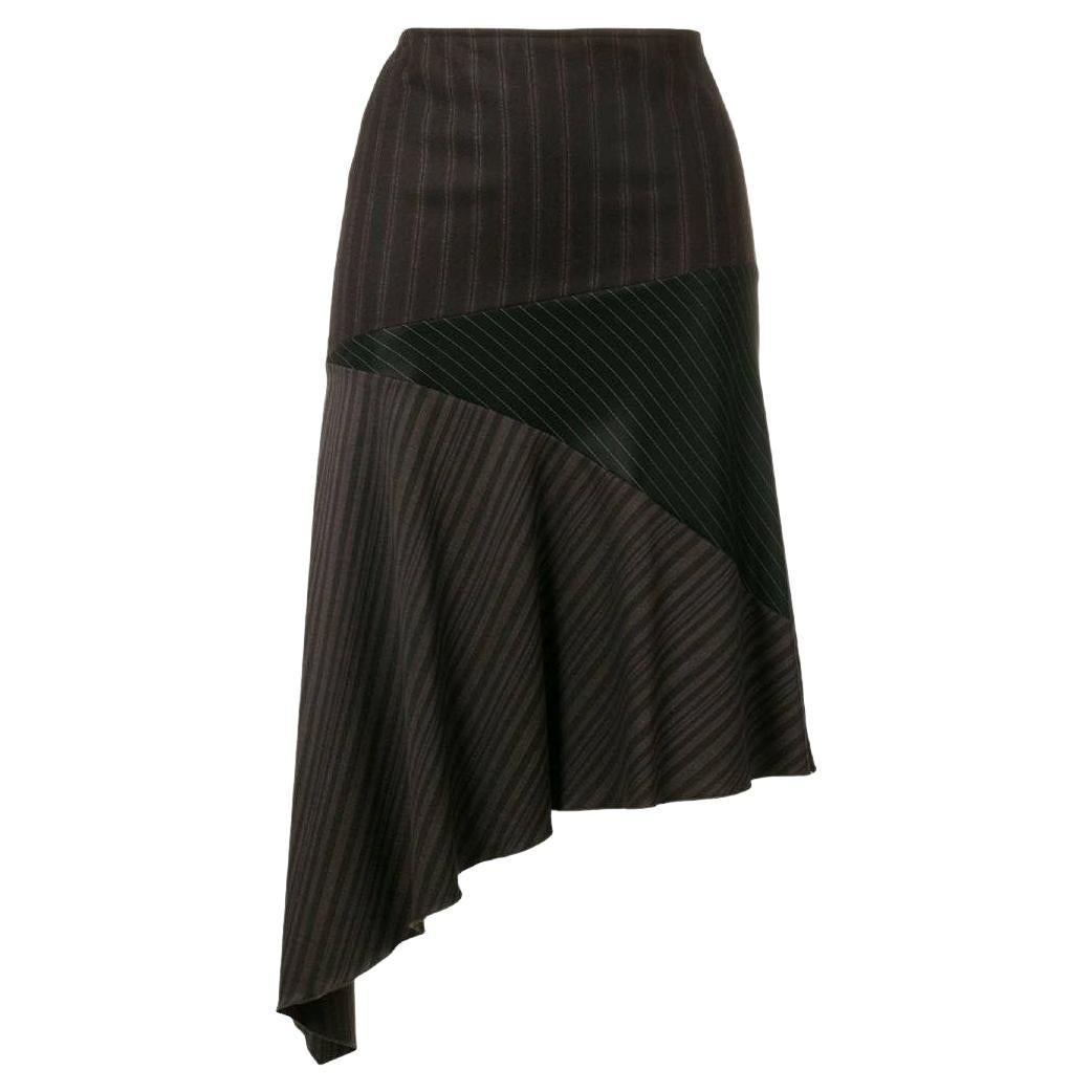 90s Romeo Gigli patchwork pinstriped brown and black wool asymmetric skirt