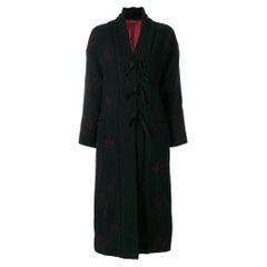 90s Romeo Gigli Vintage black wool coat with bordeaux japanese embroidery