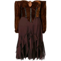 90s Romeo Gigli Vintage brown velvet heart neckline midi dress