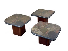 90s set of 3 brutal coffee tables with mosaic by Paul Kingma for Kneip
