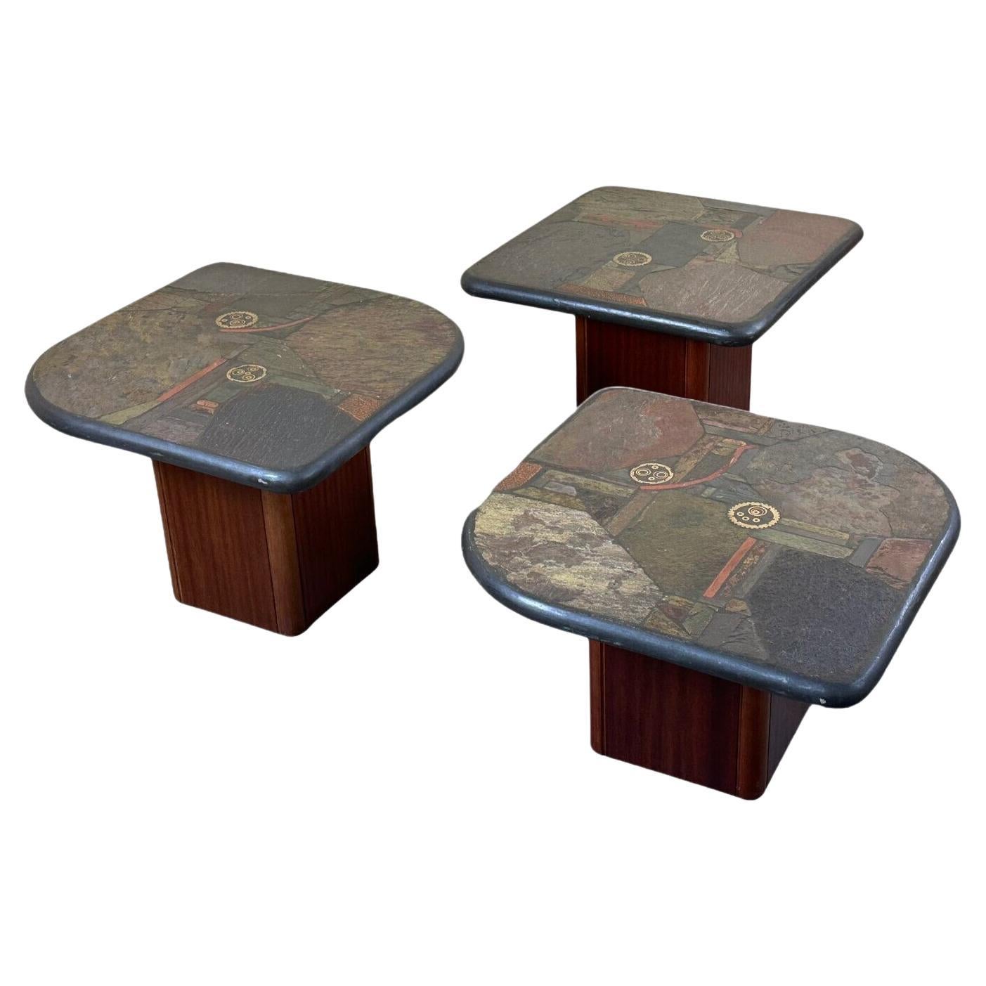 90s set of 3 brutal coffee tables with mosaic by Paul Kingma for Kneip For Sale