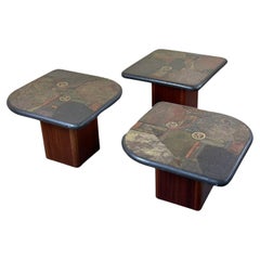 Vintage 90s set of 3 brutal coffee tables with mosaic by Paul Kingma for Kneip