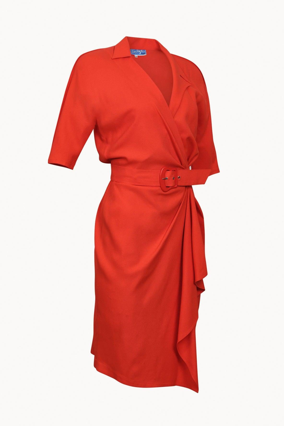 90s Thierry Mugler bright red wrap dress with V shape neckline, belt and raglan shoulders