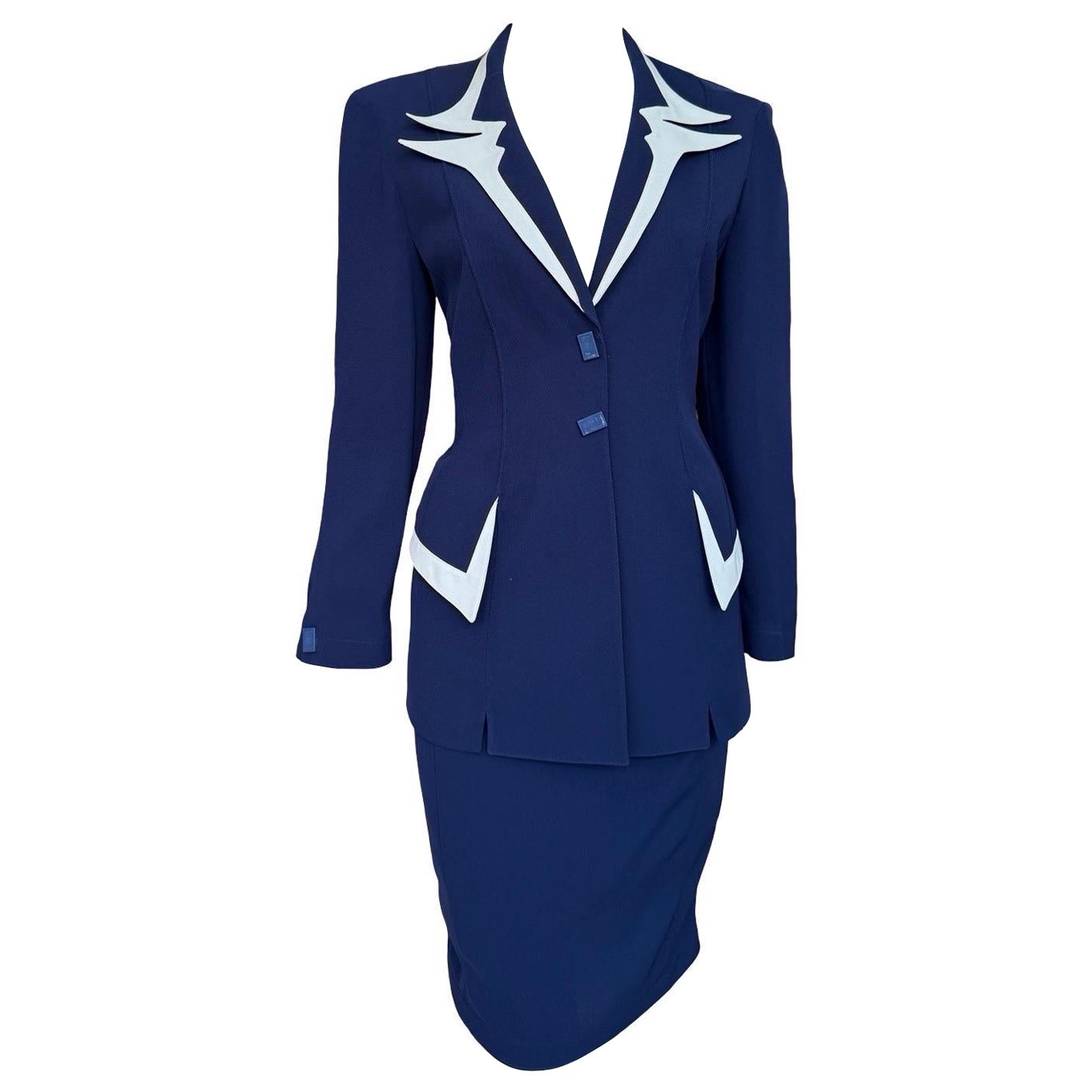 90s Thierry Mugler Navy Nautical Skirt Suit FR42 in vendita