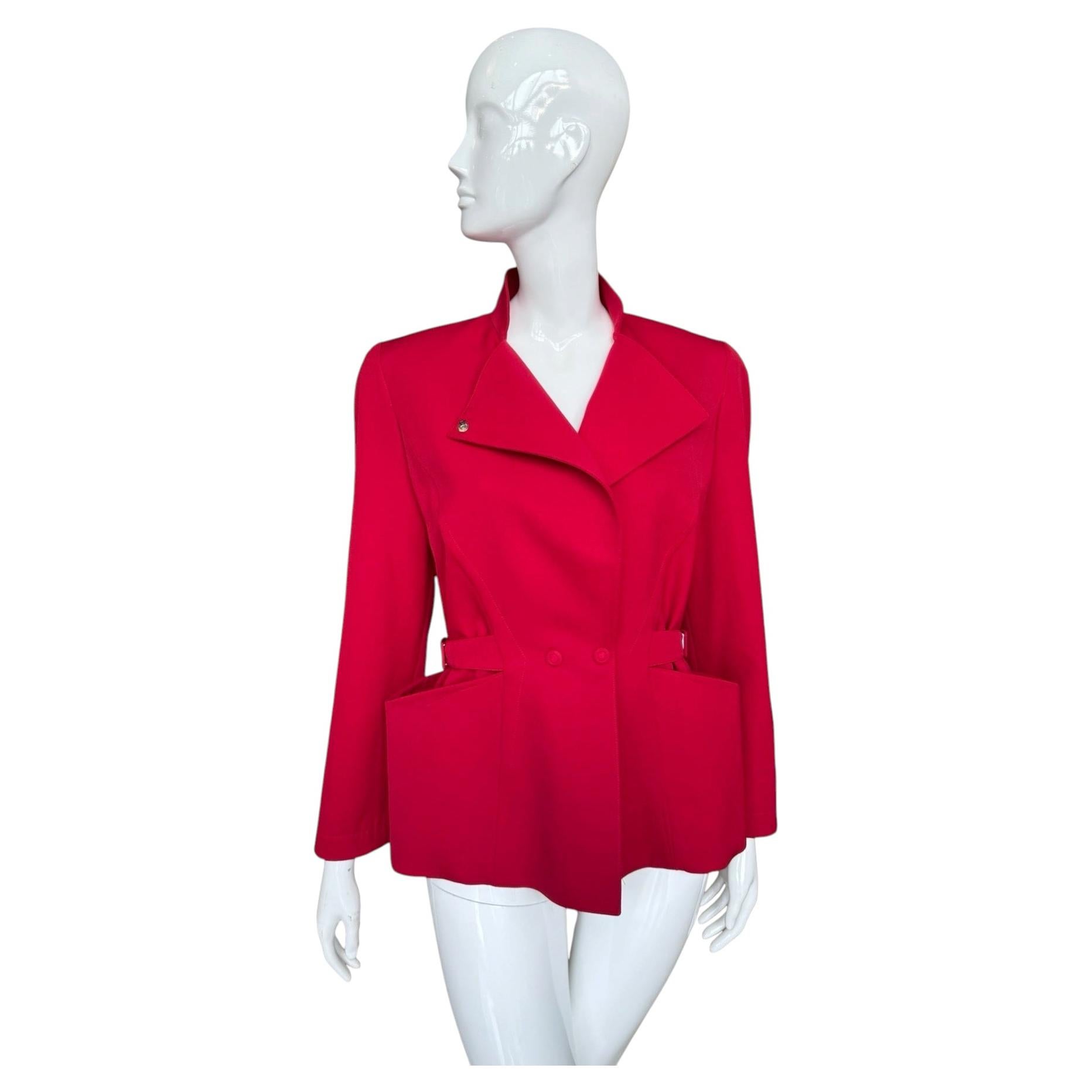 Vintage Thierry Mugler Red Wool Cinched Blazer Unisex Circa 1980s For Sale