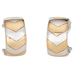 Vintage 90s Tiffany & Co Chevron Hoop Earrings Sterling Silver 18k Gold Signed Jewelry