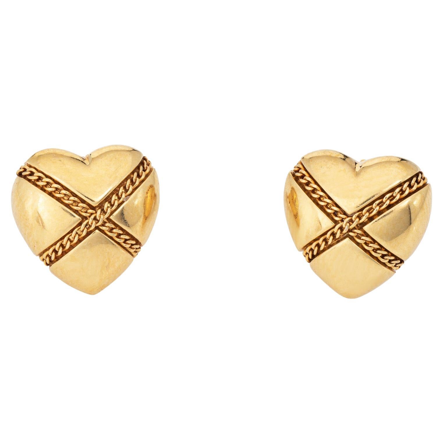90s Tiffany & Co Cross My Heart Chain Earrings Vintage 18k Yellow Gold Studs