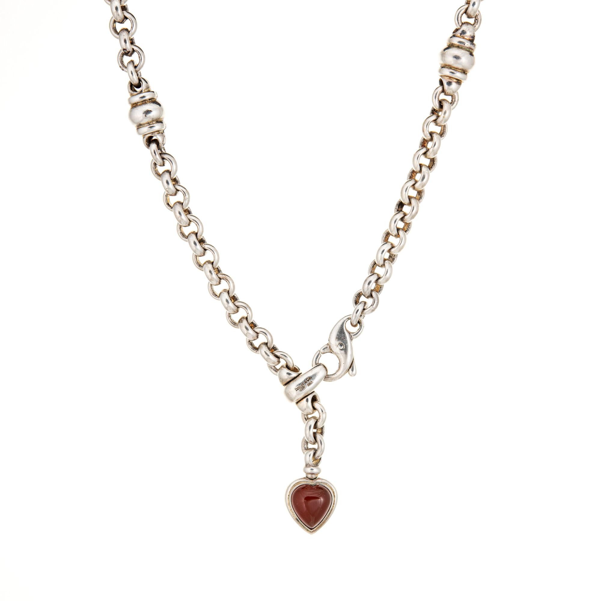 Modern 90s Tiffany & Co Heart Necklace Onyx Carnelian Drop Vintage Sterling Silver  For Sale