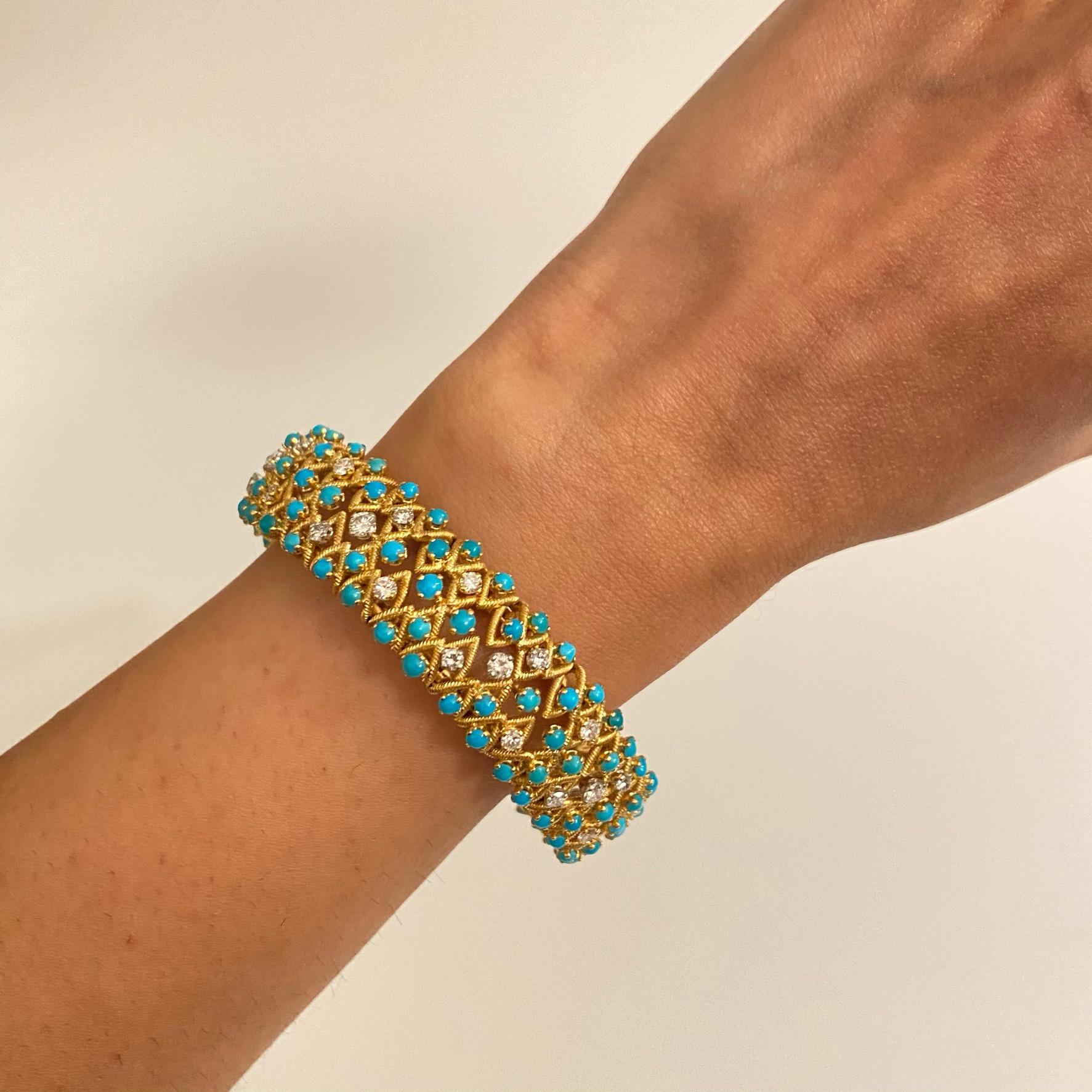 Women's or Men's 90's Turquoise and Diamond Bracelet, with Round Diamond and Turquoise, 18K Gold