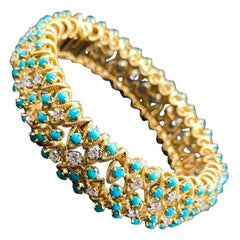 90's Turquoise and Diamond Bracelet, with Round Diamond and Turquoise, 18K Gold