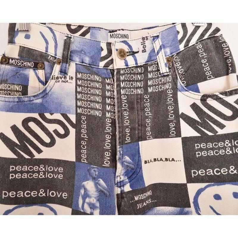 Rare, Vintage 1990's Moschino jeans featuring a loud 'Peace & Love' repeat pattern in a blue colour way, with photographic images of the David, Smiley Faces and Babies etc.

MADE IN ITALY !

Features:
Button fasten
High waisted fit
Classic x4 pocket