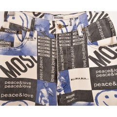 90's UK Garage Rave Vintage Moschino Peace & Love Blue Spell Out Patterned Jeans
