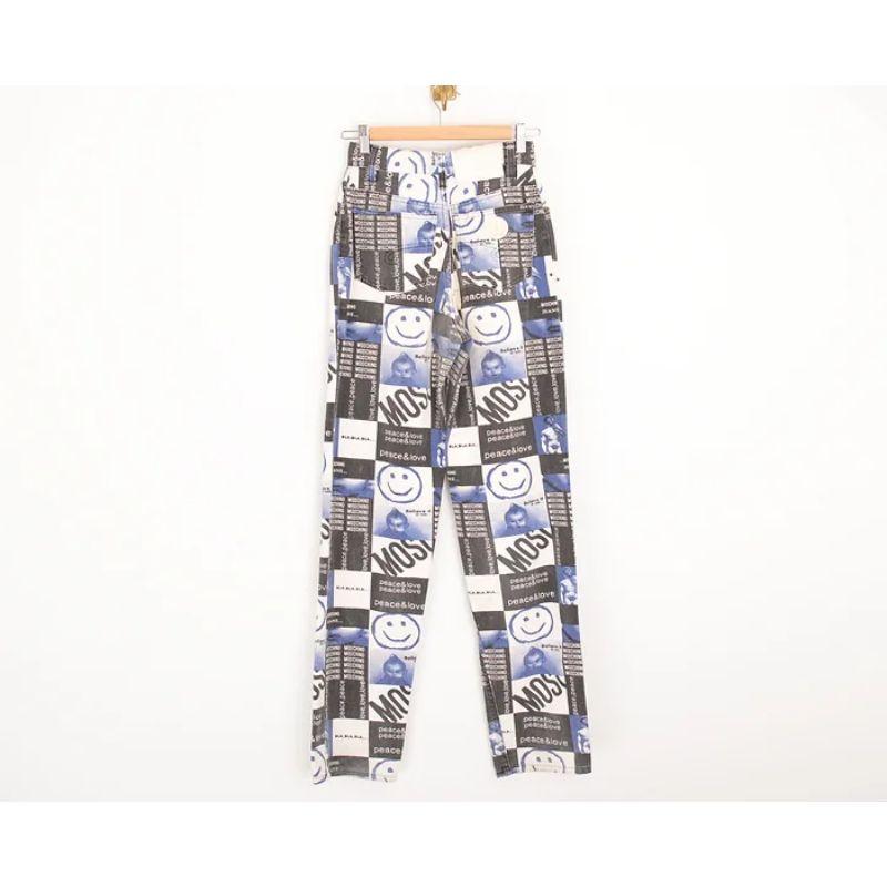 Women's 90's UK Garage Rave Vintage Moschino Peace & Love Blue Spell Out Patterned Jeans For Sale