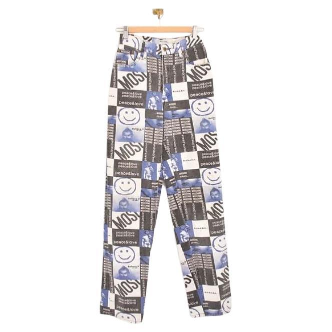 90's UK Garage Rave Vintage Moschino Peace & Love Blue Spell Out Patterned Jeans For Sale