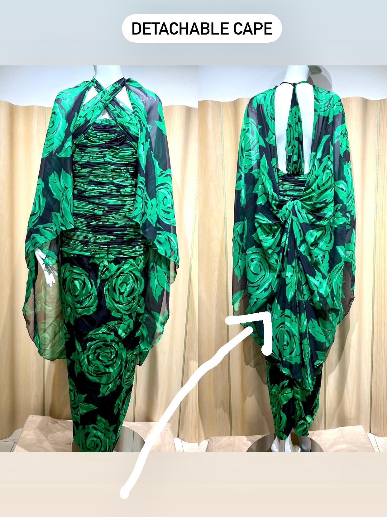 90er Valentino Grünes und schwarzes Seidenchiffon-Halterkleid mit abnehmbarem Umhang im Angebot 2
