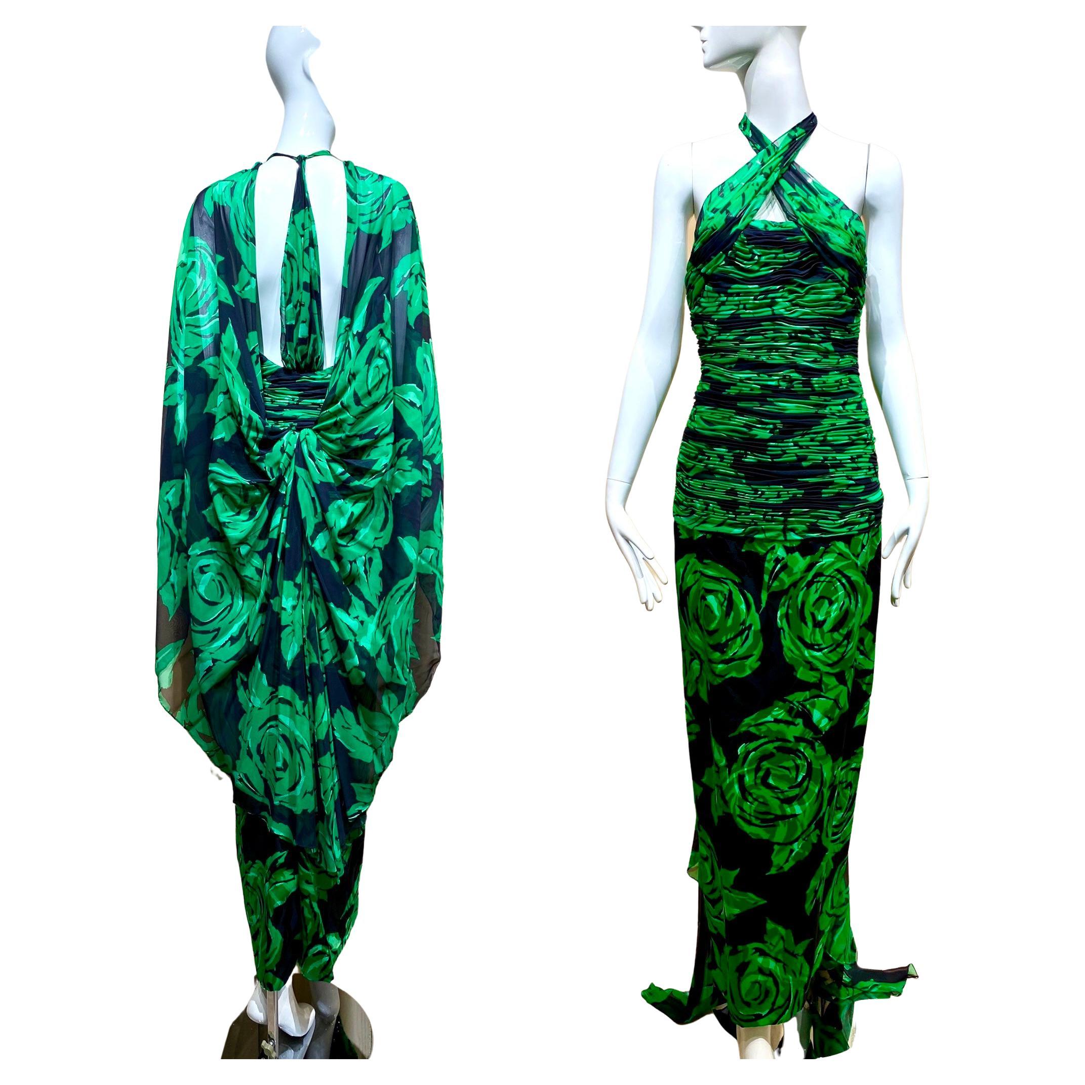 90s Valentino Green and Black Silk Chiffon Halter Dress with Detachable Cape