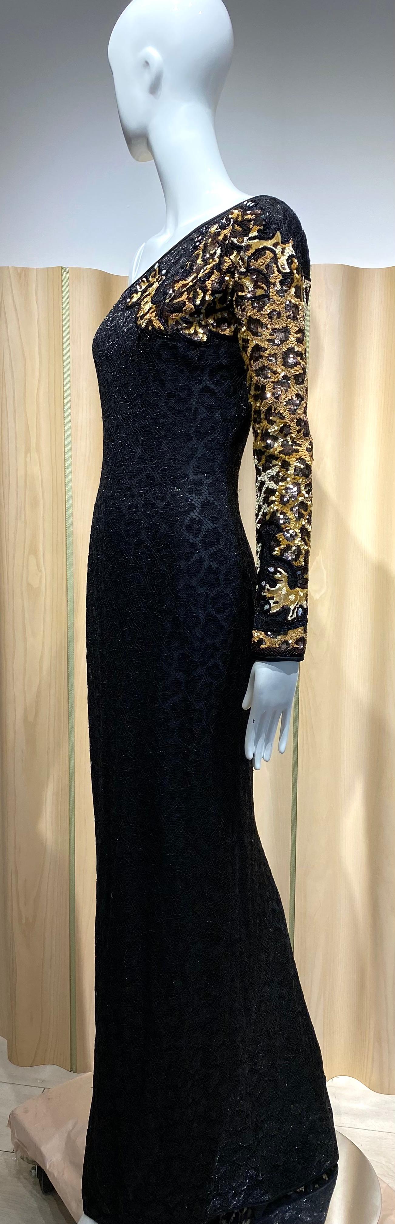 Women's 90s VALENTINO One shoulder Black Lace Gown with Leopard sequins For Sale