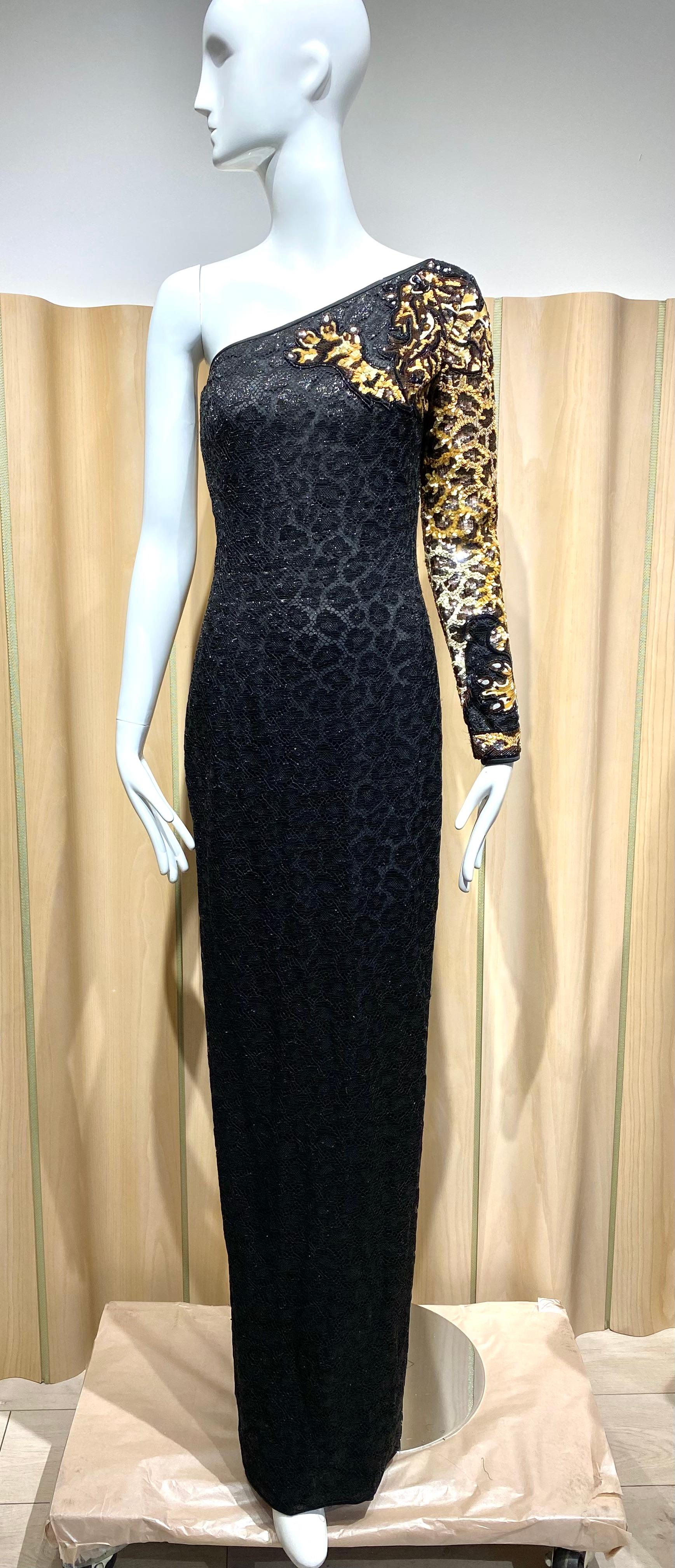 90s VALENTINO One shoulder Black Lace Gown with Leopard sequins For Sale 1