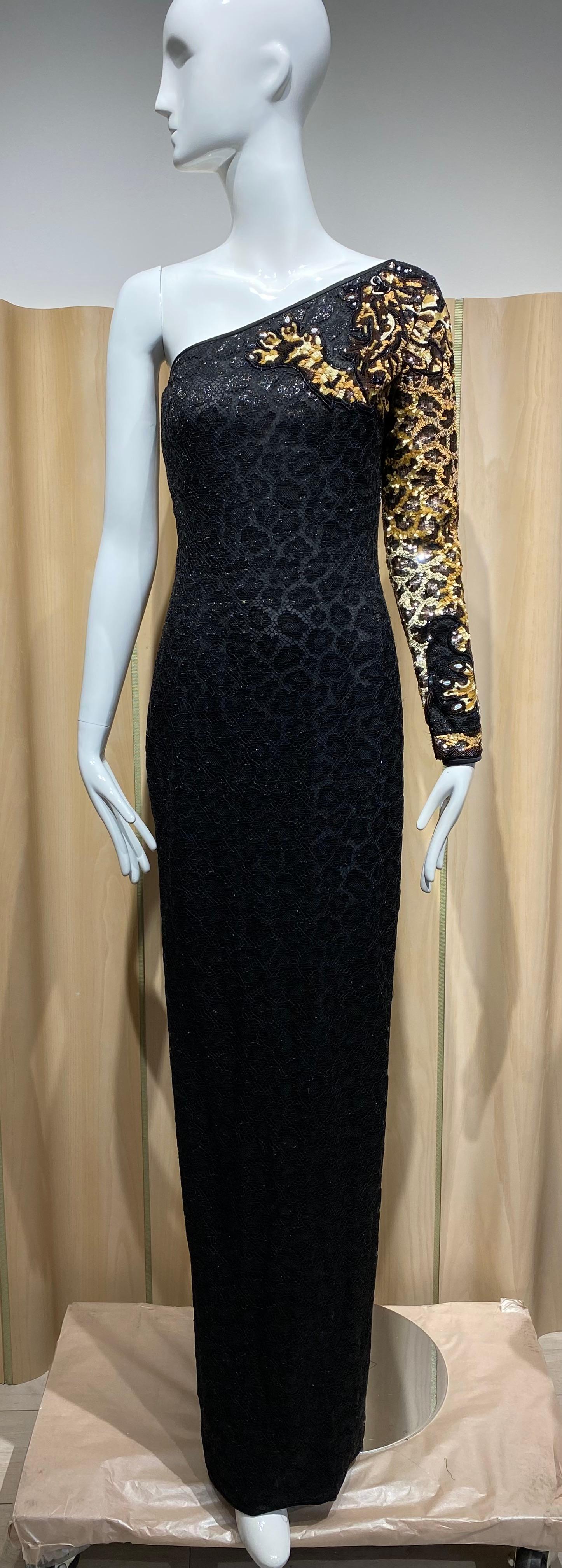 90s VALENTINO One shoulder Black Lace Gown with Leopard sequins For Sale 2