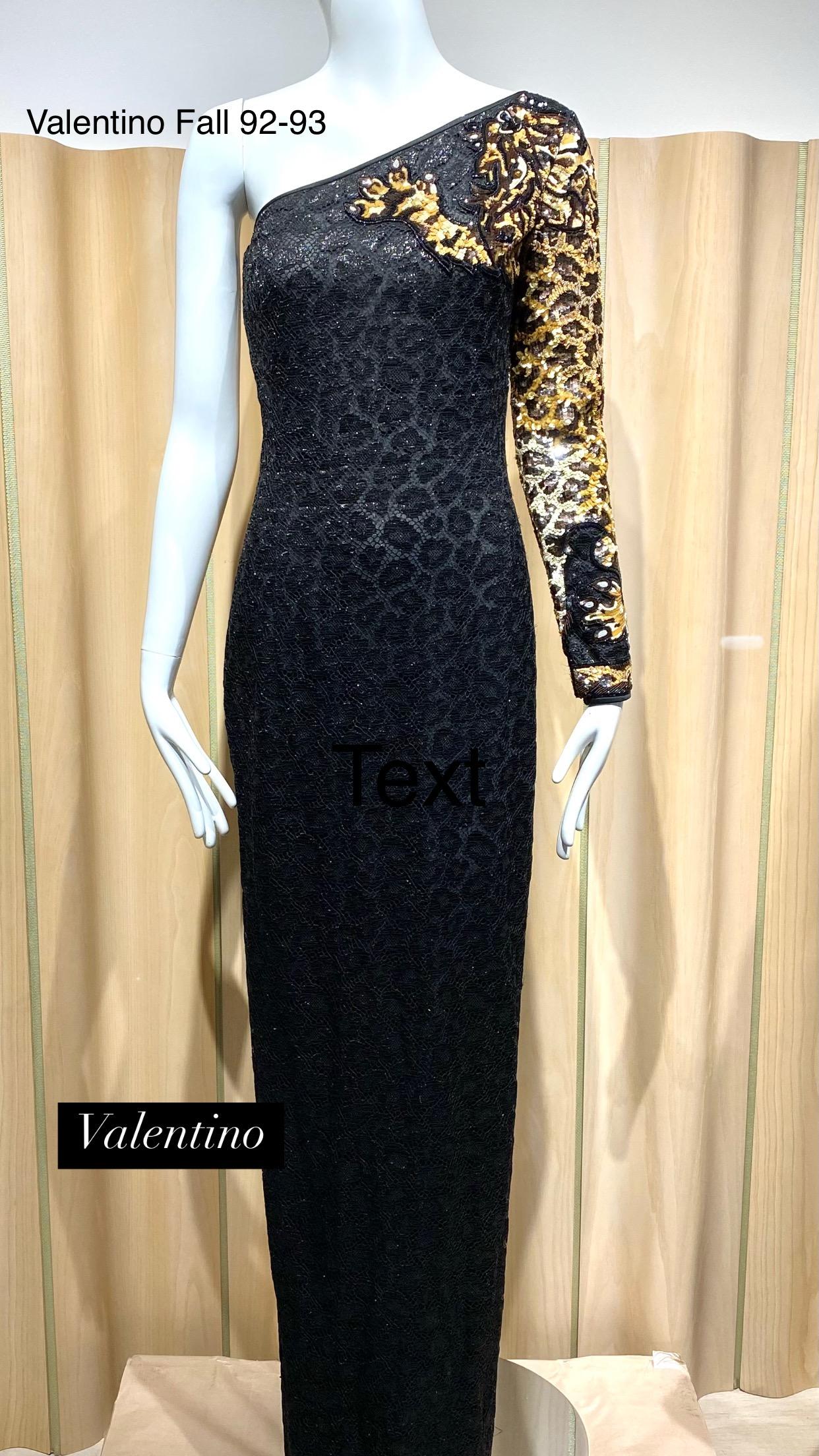 90s VALENTINO One shoulder Black Lace Gown with Leopard sequins For Sale 4