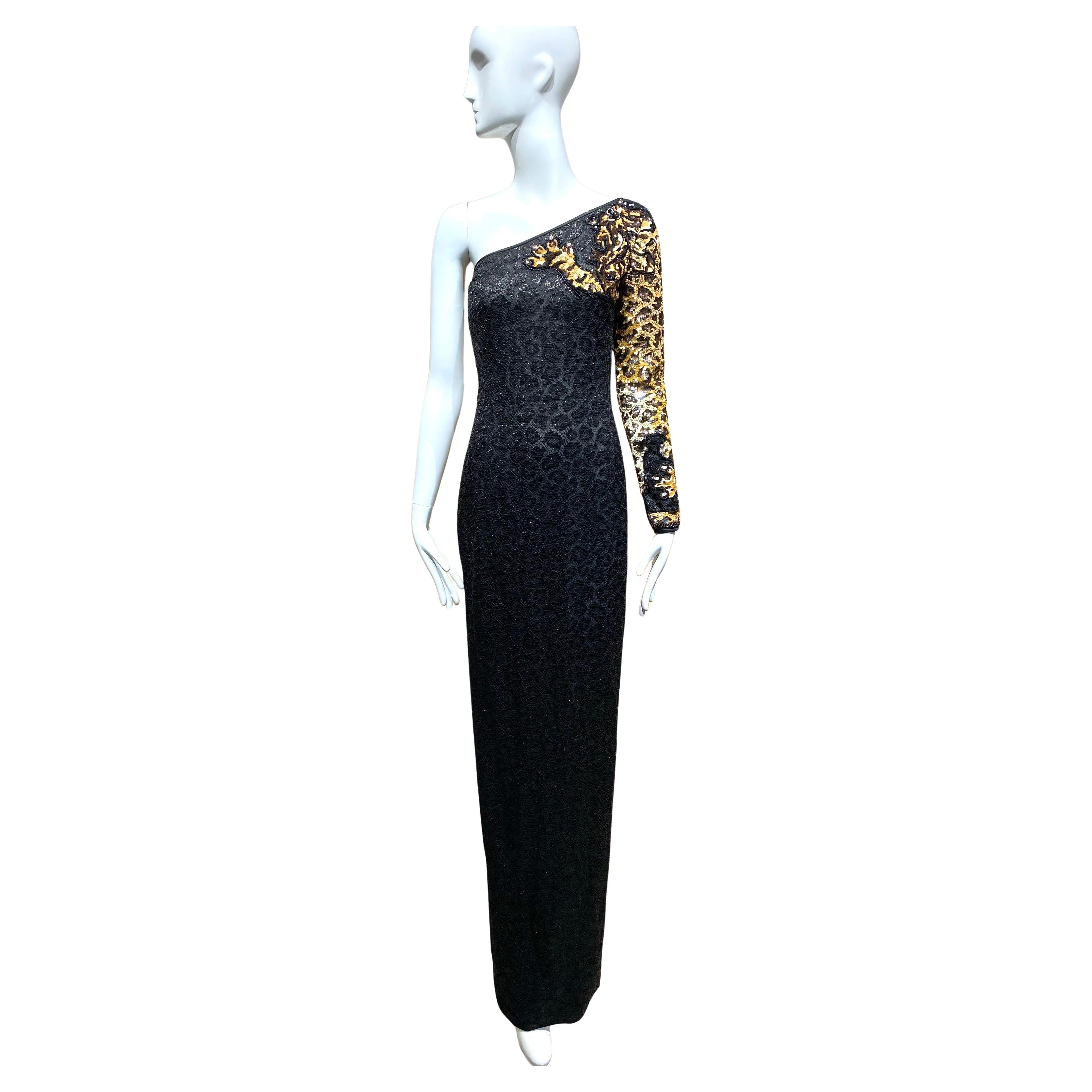 90s VALENTINO One shoulder Black Lace Gown with Leopard sequins For Sale