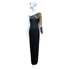 90s VALENTINO One shoulder Black Lace Gown with Leopard sequins