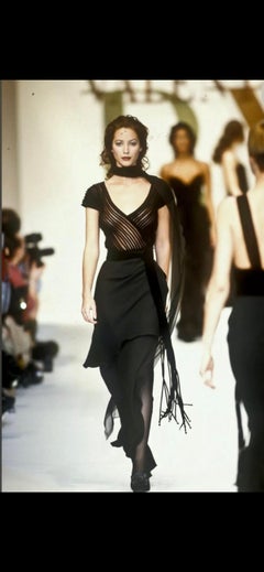1993 Valentino Runway Black Crepe Velvet Ribbon Sheer Evening Gown, Size 4