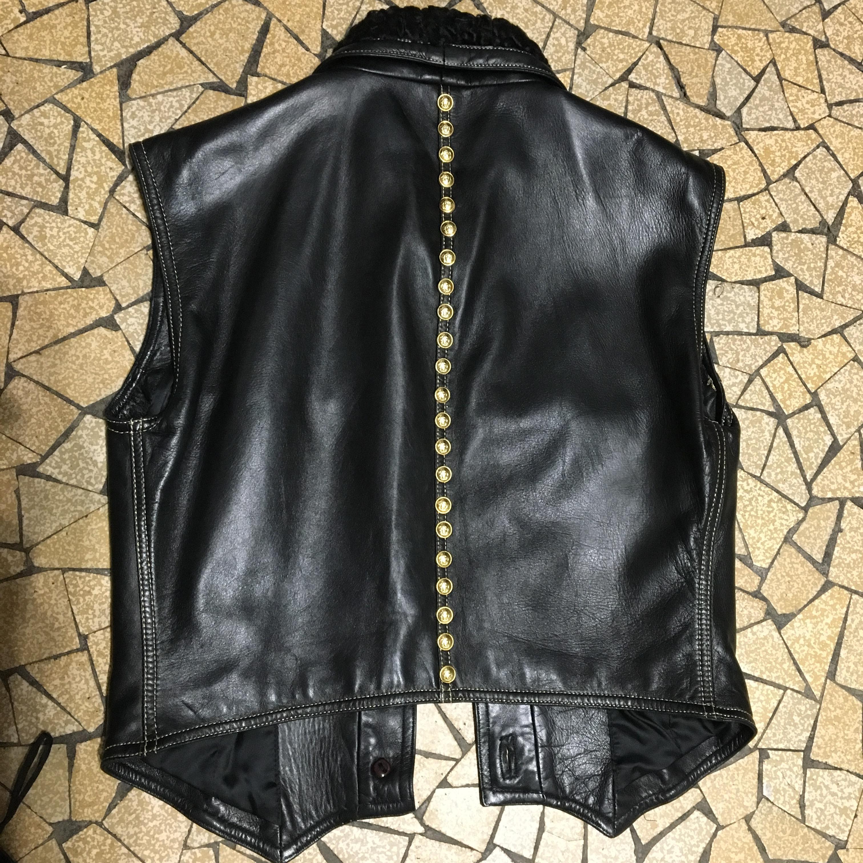 Black 90's Versace Leather Suit (jacket and Skirt)  with golden studs For Sale