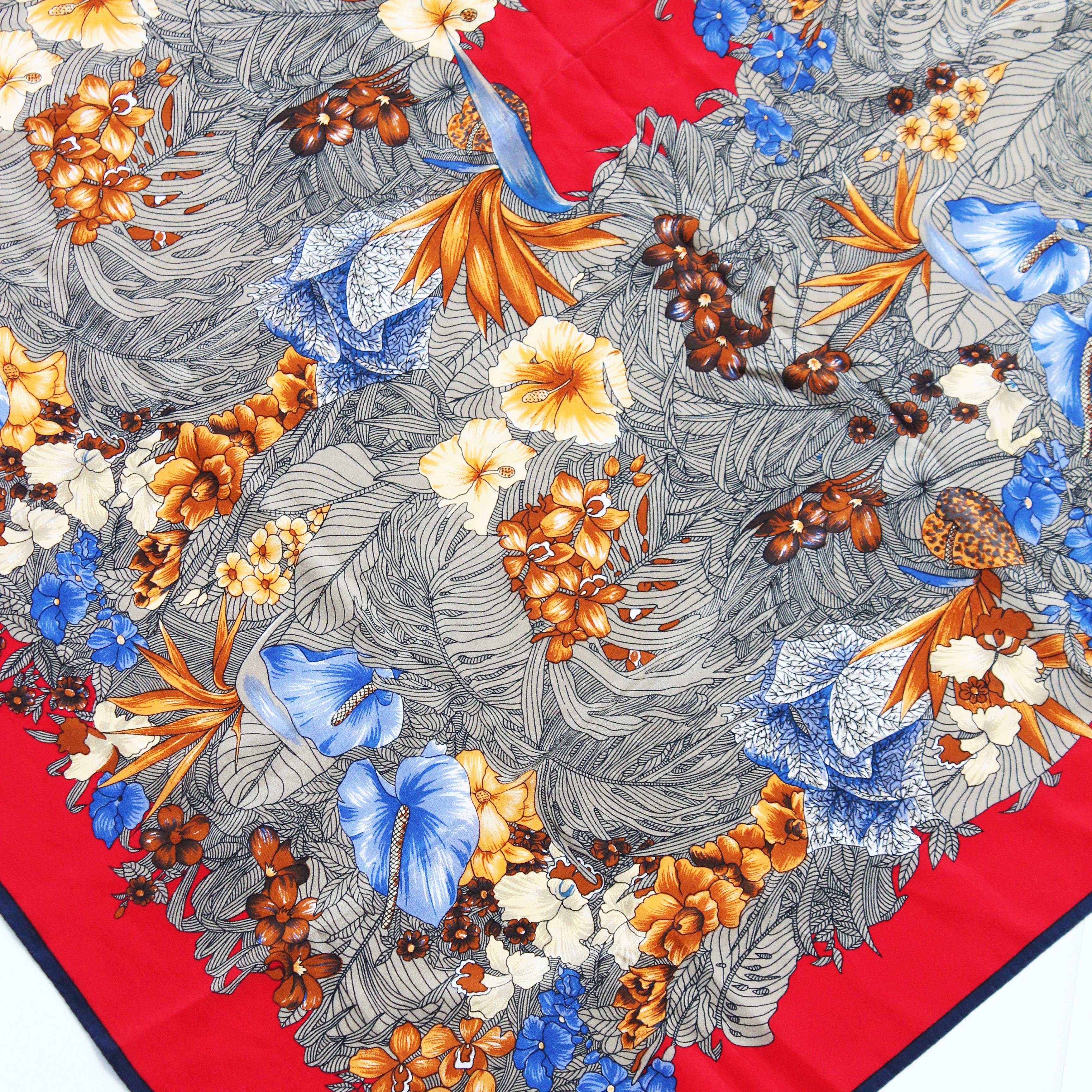 Women's or Men's 90s Versace Scarf Shawl Red Silk Bold Abstract Floral Print Large 35in Vintage For Sale