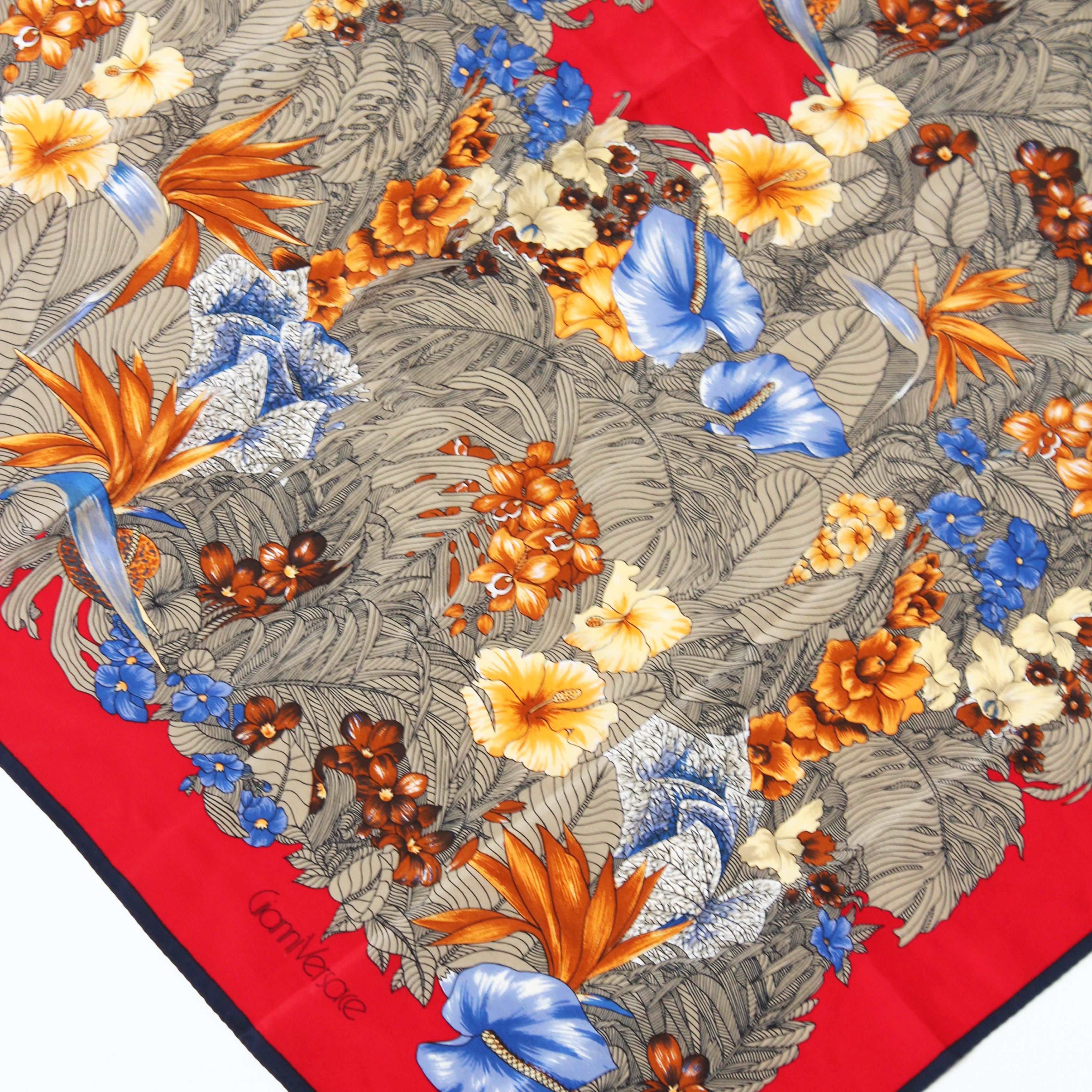 90s Versace Scarf Shawl Red Silk Bold Abstract Floral Print Large 35in Vintage For Sale 1