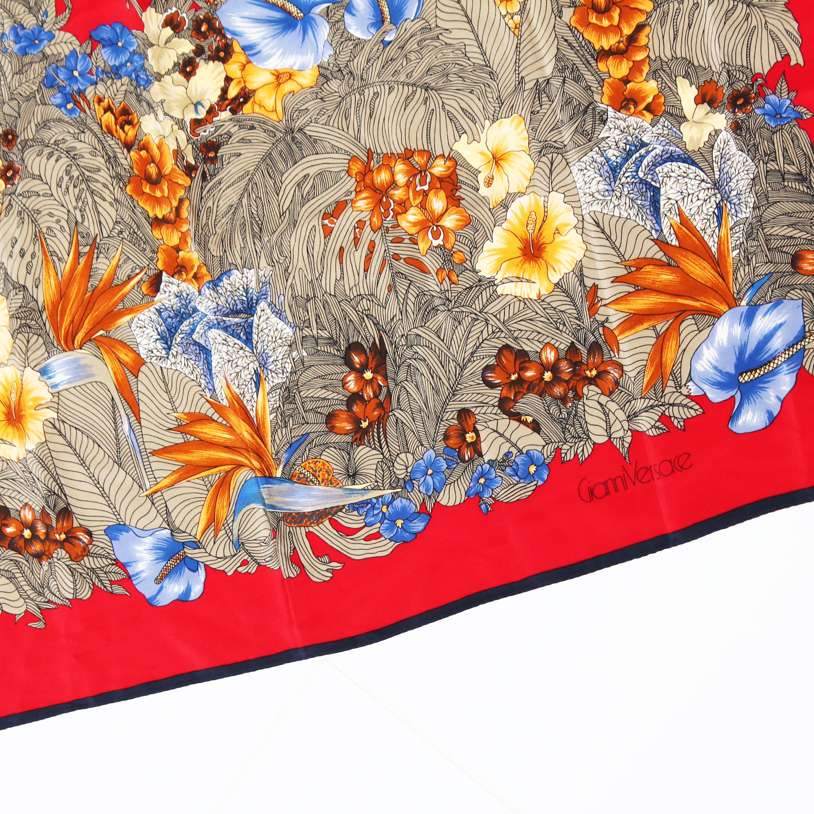 90s Versace Scarf Shawl Red Silk Bold Abstract Floral Print Large 35in Vintage For Sale 4