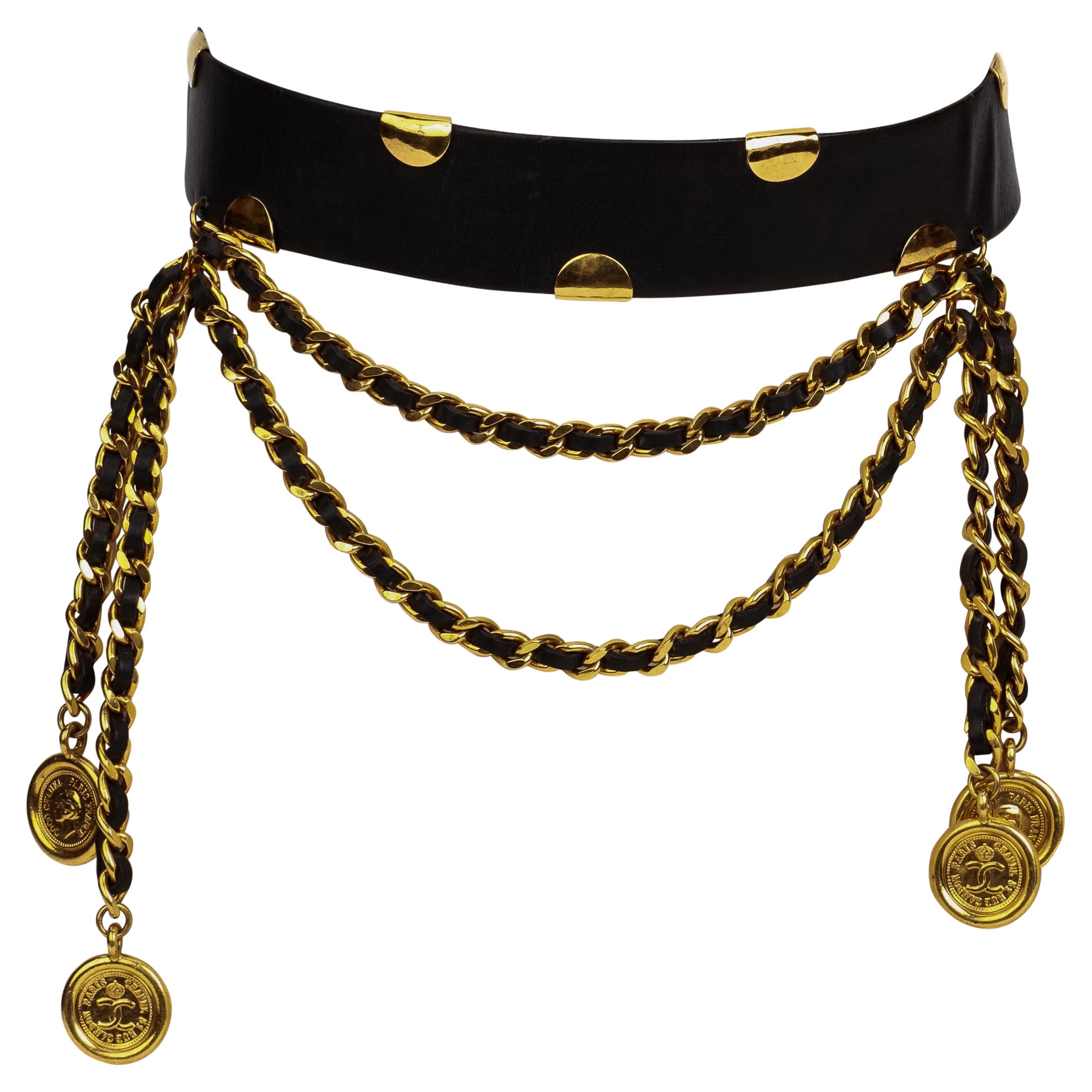 Cintura a catena in pelle nera Chanel anni '90 Vintage Primavera
