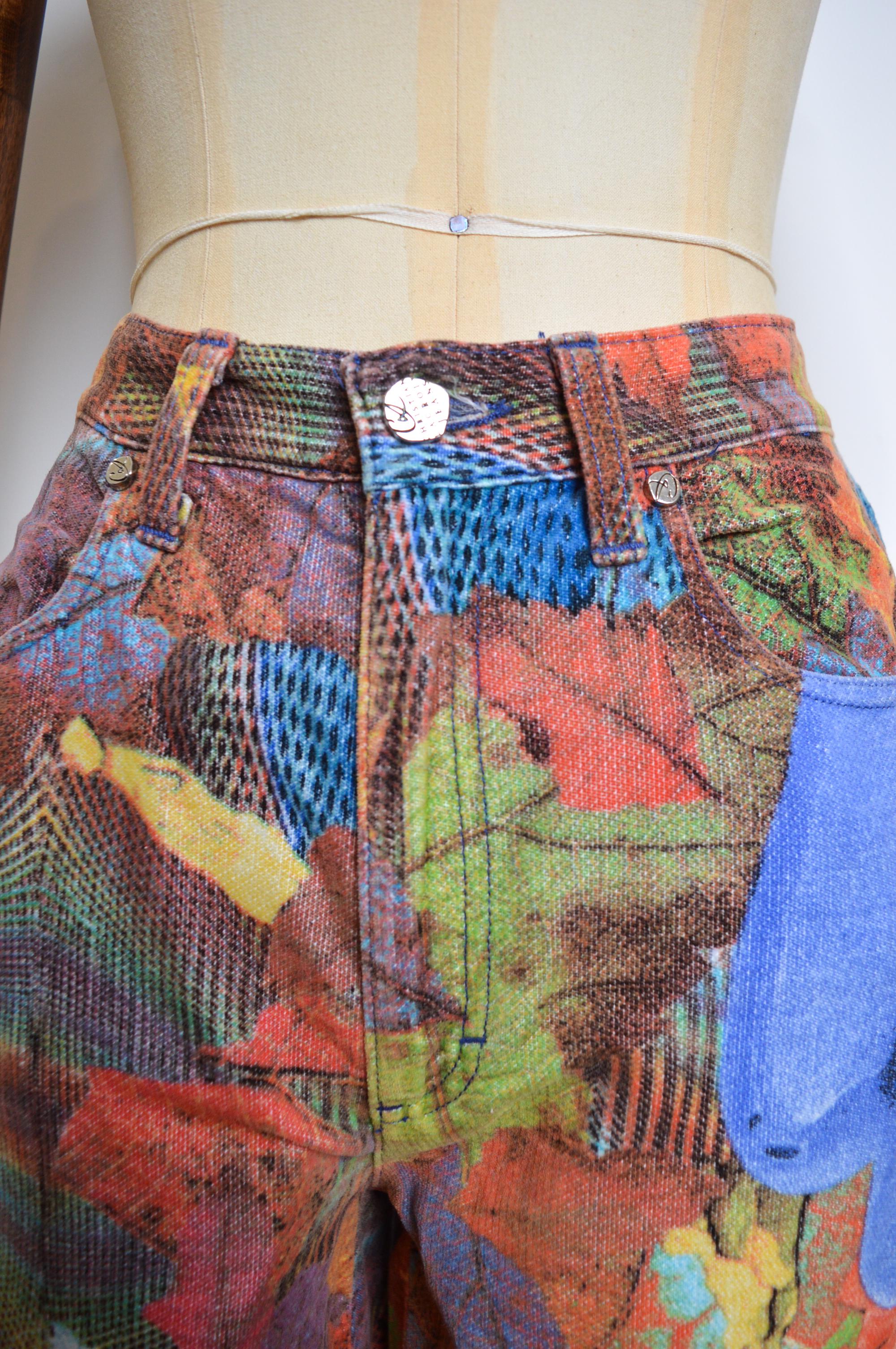 90s Vintage Christian Lacroix High Waist Orange Leafy Trippy Velvet Jeans Pants In Good Condition For Sale In Sheffield, GB
